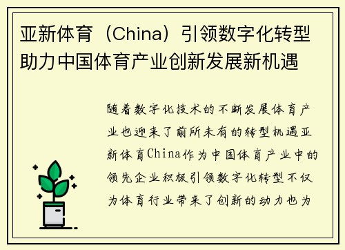 亚新体育（China）引领数字化转型 助力中国体育产业创新发展新机遇